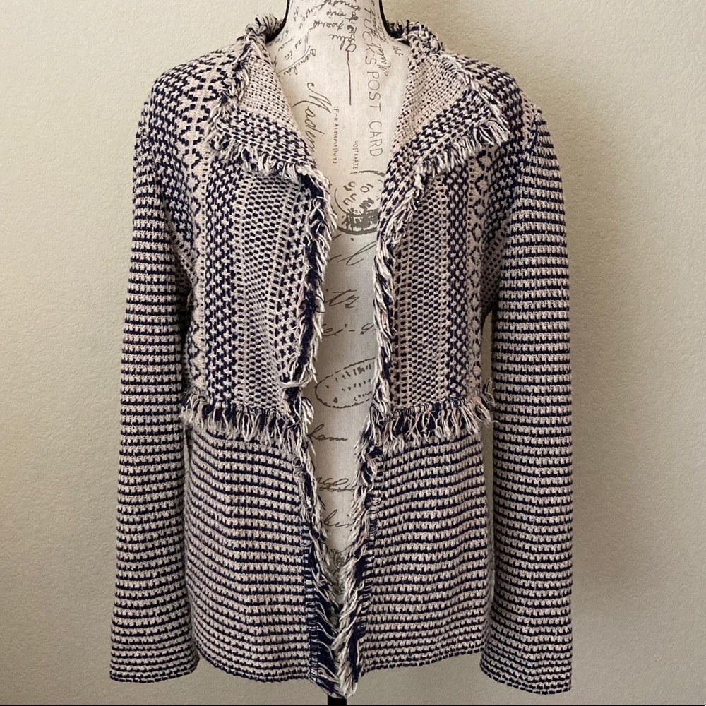 Chicos Blue Cream Fringe Open Jacket Blazer